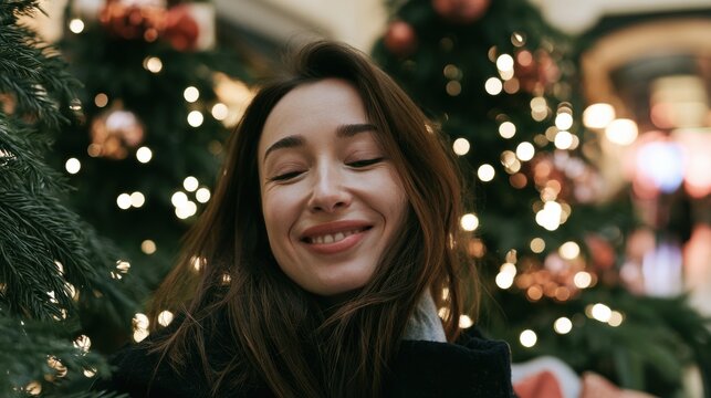 Woman smiling in front of Christmas trees with lights and ornaments during holiday season in a festive setting