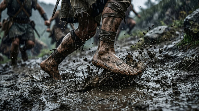 Deborah and Barak leading the Israelite army charging down the slopes of Mount Tabor in a massive, muddy rainstorm