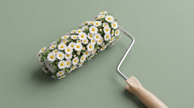 Paint roller covered in fresh white daisy flowers on a soft sage green background, 4k Resolution