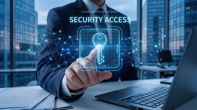 Close up of businessman hand touching holographic interface displaying glowing key icon and security access text, cyber security, data protection metaphor, encrypted login screen