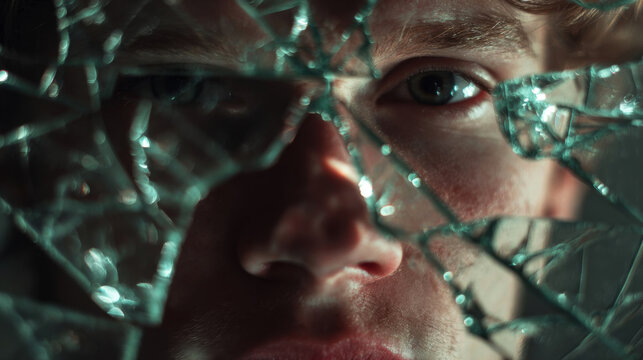 Close-up of a young male face partially obscured by shattered glass, revealing intense gaze and skin texture, with reflections and light playing on the broken surface