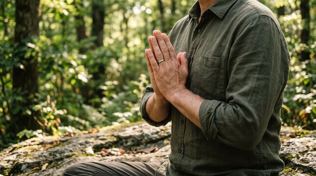 Man meditating in forest nature, practicing mindfulness yoga pose with hands in prayer position, finding inner peace and spiritual balance outdoors, wellness lifestyle for mental