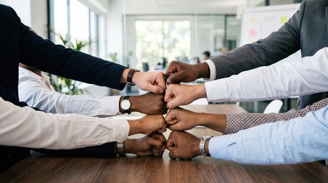 Diverse business team joining hands in fist bump gesture over table, symbolizing unity teamwork collaboration partnership success and agreement in modern corporate office meeting