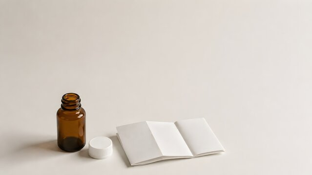 Amber medicine bottle with blank patient information leaflet and copy space