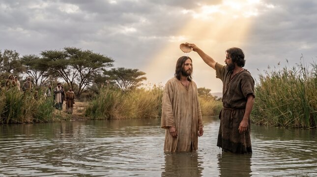 John the Baptist baptizing Jesus Christ in Jordan River beneath divine light rays as crowd watches, Baptism of Jesus New Testament biblical scene.