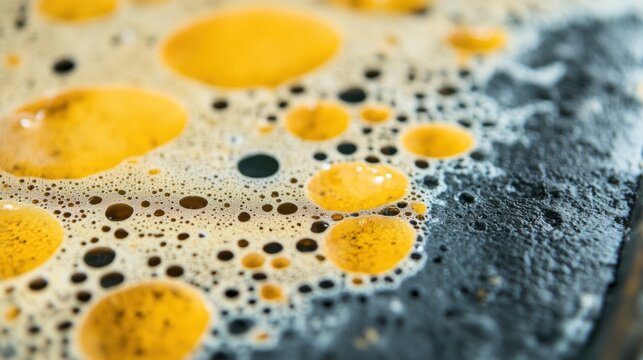 Golden bubbles of beer foam gather on a dark surface while being brewed, showcasing the texture and freshness of the beverage