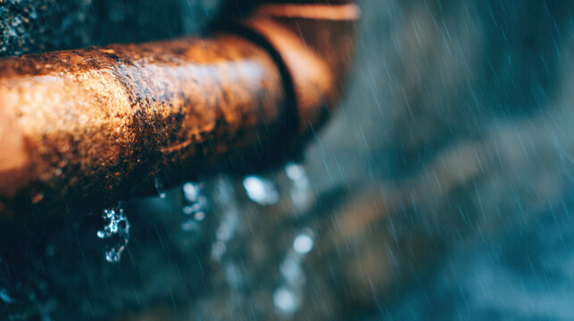 Water drips from a rusty pipe near a stone wall during a rainstorm