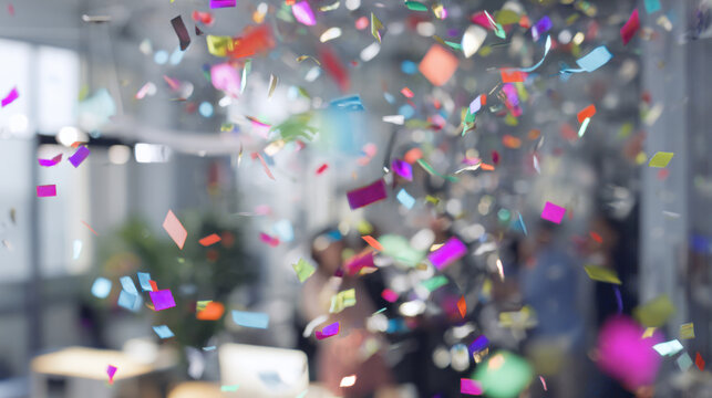 Confetti falls during a celebration event in a modern office space in the afternoon light