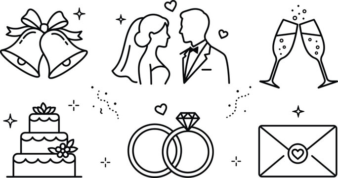 Wedding and Marriage Ceremony Icon Set with Bride and Groom Profiles, Diamond Rings, Layered Cake, Toasting Champagne Glasses, Bells, and Invitation Envelope