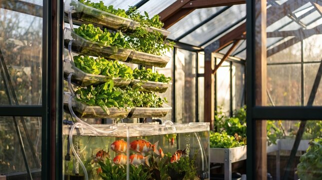 Root system growing above recirculating water in a greenhouse aquaponics system