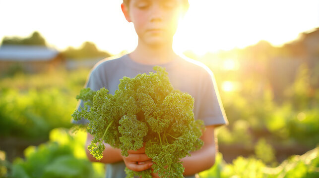 Young child holds bunch of fresh parsley in garden during sunset hours