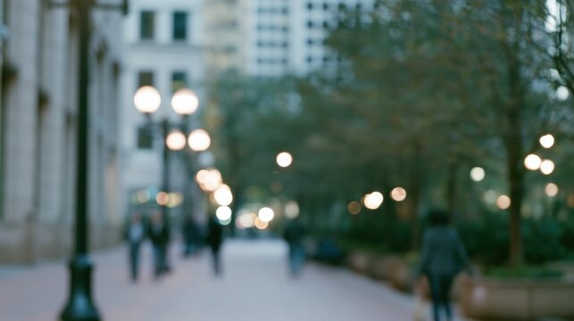 People walking in a city park with lights on a path near buildings during evening hours