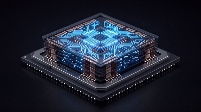 Close-up view of a high-tech quantum processor with glowing circuits on a dark background.