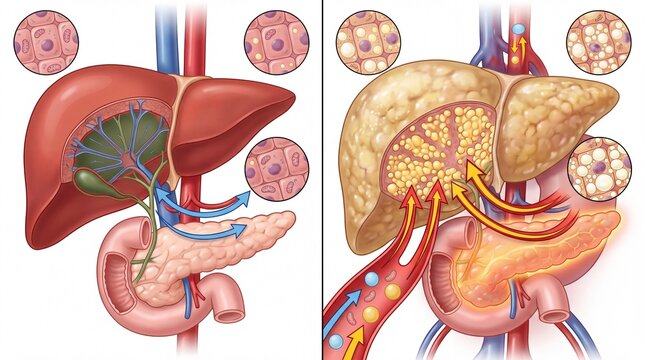 Detailed anatomical illustration of the human liver showing blood flow and hepatocyte structure.