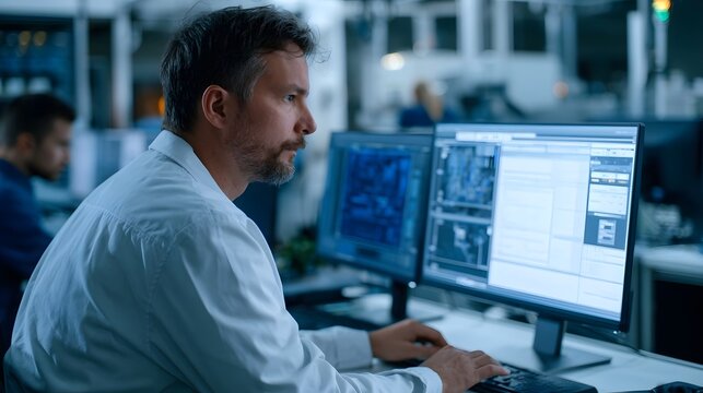 A focused man with gray hair and beard is seated at a desk  working on two computer monitors displaying technical interfaces in a modern office