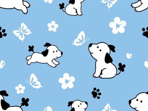 Cute seamless puppy pattern featuring playful black and white dogs, butterflies, flowers, hearts, and paw prints on a soft blue background in hand drawn flat vector. 