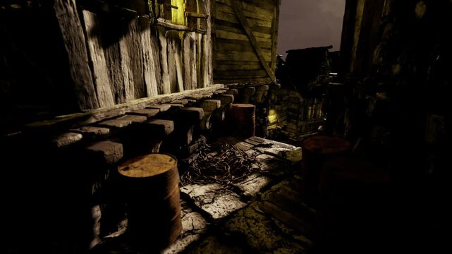 Dim alley cluttered with barrels and crates, rough wooden decking and patchy light, scattered tools and debris suggesting nocturnal salvage or storage in tight