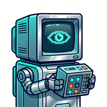 Retro robot computer terminal with eye symbol screen, vintage technology vector illustration