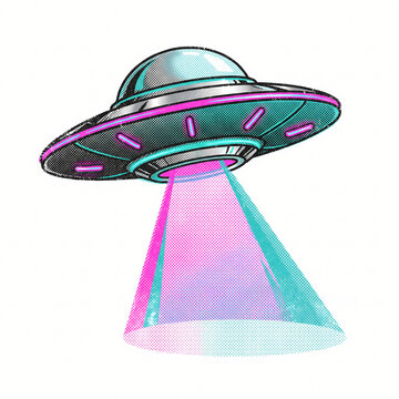 Alien flying saucer hovering with glowing tractor beam, neon outline retro sci-fi illustration