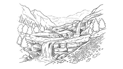 Fototapeta premium Hand Drawn Mountain Landscape Sketch with Waterfalls and Pine Trees, Black and White Wilderness Line Art Vector Illustration