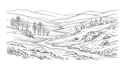 Fototapeta premium Hand-drawn vector sketch of a mountain valley landscape with a winding river, pine trees, and rocky hills in black and white line art style