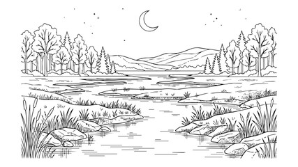 Obraz premium Nature Landscape Coloring Page featuring a Winding River under a Crescent Moon and Starry Night Sky with Forest Trees, Mountains, and Cattails Line Art Illustration