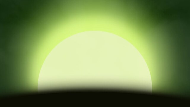 Ethereal green sun rising over dark horizon, glowing celestial orb in misty emerald sky, cinematic sunrise background for sci-fi and fantasy video