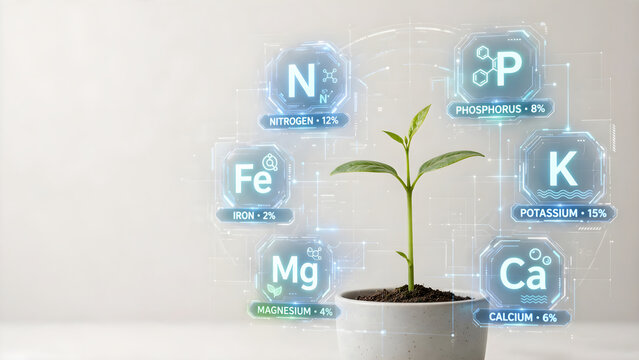 Young green seedling with digital nitrogen phosphorus potassium nutrient icons HUD