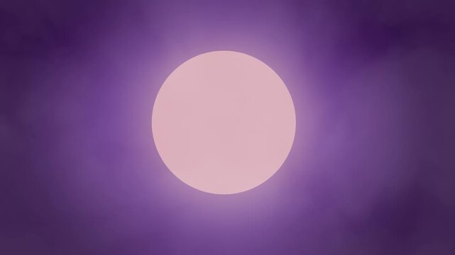 Glowing full moon in purple night sky, mystical lunar orb with soft hazy clouds, ethereal celestial background for fantasy and meditation videos