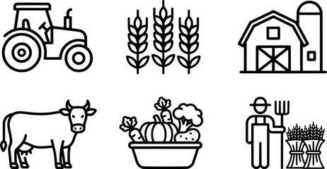 Naklejka premium Agricultural Farm Line Art Icon Set – Black and White Tractor, Wheat, Cow, Barn, and Harvest Vector Icons