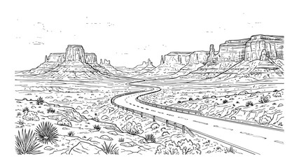 Fototapeta premium Winding Desert Road Through Monument Valley Landscape, Hand Drawn Line Art Sketch of Arizona Utah Scenic Highway