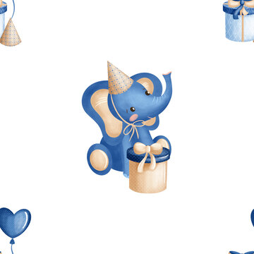 Pattern birthday beig  and blue elephant with gift, bow. Watercolor illustrations in childish style. Seamless print hand-drawn isolated background for textiles fabrics baby clothes packaging