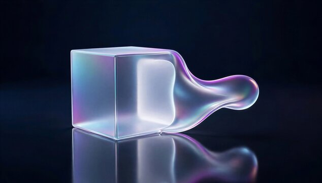 Abstract glass cube and fluid neon form symbolize custom software development, digital innovation, coded solution, and modern technology workflow.