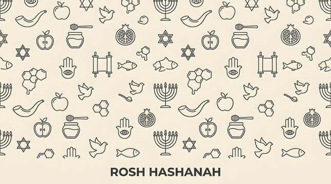 Rosh Hashanah seamless pattern with Jewish holiday icons and religious symbols background.