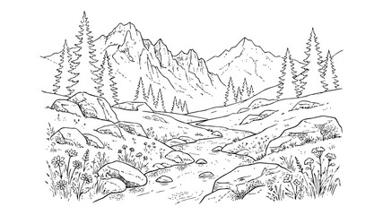 Obraz premium Hand-Drawn Mountain Landscape Coloring Page with River, Pine Trees, Rocks, and Wildflowers - Black and White Vector Illustration of Wilderness Valley