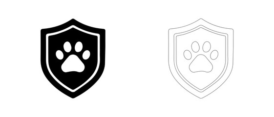 Protection shield with paw vector icon filled and outline, pet legal defense and animal welfare shield symbol. © PicMag