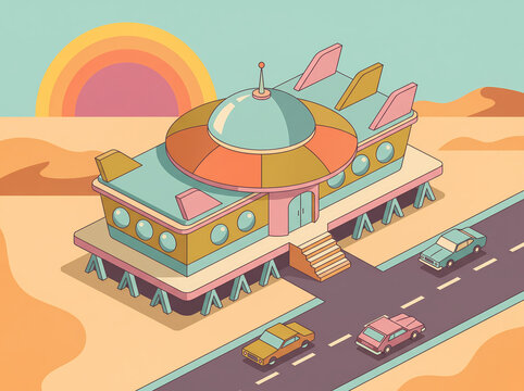 Retro space age diner building in desert at sunset, googie architecture vector illustration