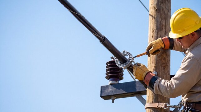 Electrical technician performing utility pole maintenance