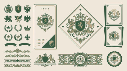 Naklejka premium Heraldic Emblems and Ornate Borders: Vintage Crests and Royal Symbols