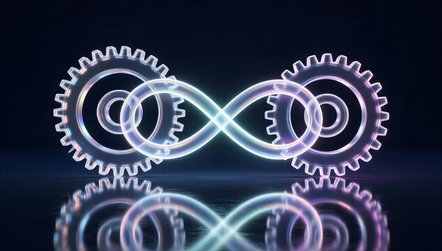 Glowing gear and infinity loop symbolize devops automation, continuous integration, and nonstop workflow efficiency.
