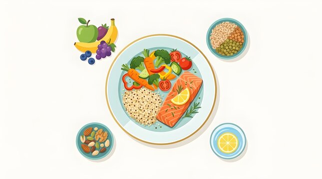 Healthy Nutrition Concept Vector Illustration with Balanced Diet Ingredients Fresh Fruits Vegetables Whole Grains and Organic Food Icons