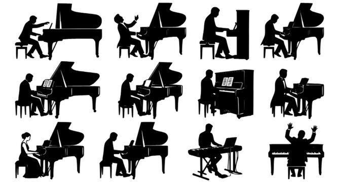 10 Professional Pianist Silhouettes Vector Collection with Unique Piano Performance and Musician Poses