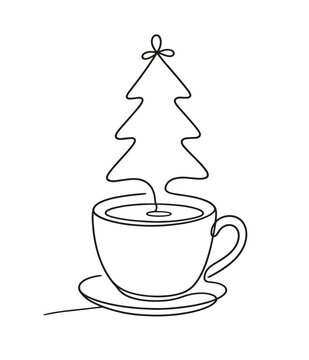 Christmas tree steam coffee cup single line drawing, hot tea beverage aroma vector illustration, warm winter drink concept for cafe menu icon and coffee shop banner