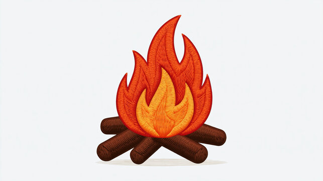 Campfire embroidery patch design on white background, fire flame stitched icon in orange red and brown