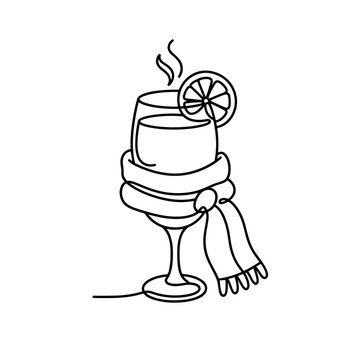Hot mulled wine glass wrapped in winter scarf minimalist line illustration, gluhwein with orange slice vector icon, cozy winter bar menu and cocktail card design