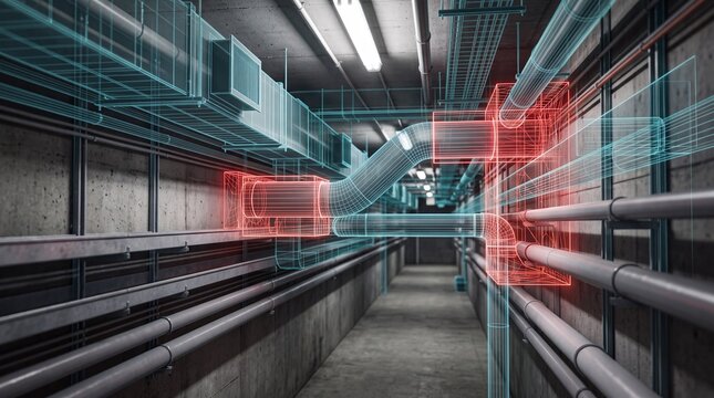 Futuristic industrial corridor showcasing complex piping systems with digital overlays for enhanced visualization.