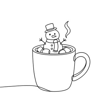 Snowman in hot cocoa mug single line illustration, cute snowman relaxing in marshmallow bath vector icon, fun winter holiday print and kids cafe menu design