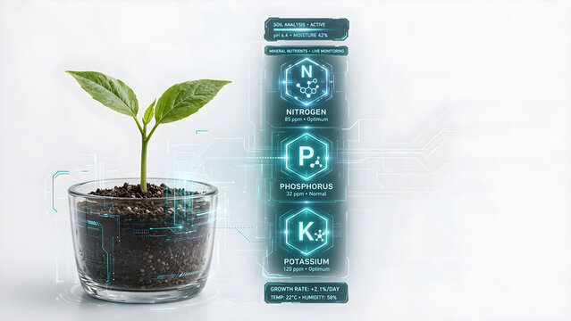 Futuristic seedling in glass pot with digital soil analysis and NPK nutrients display