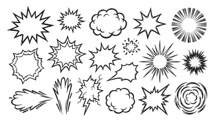 Comic burst and motion trail shape set for cartoon action design covering spiky stars, cloud puffs, sunburst rays and speed streak outline elements © Abdul