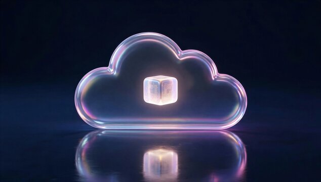 Glowing cloud chip icon on dark surface, symbolizing gpu cloud service, remote compute, scalable ai acceleration, and futuristic data center power.